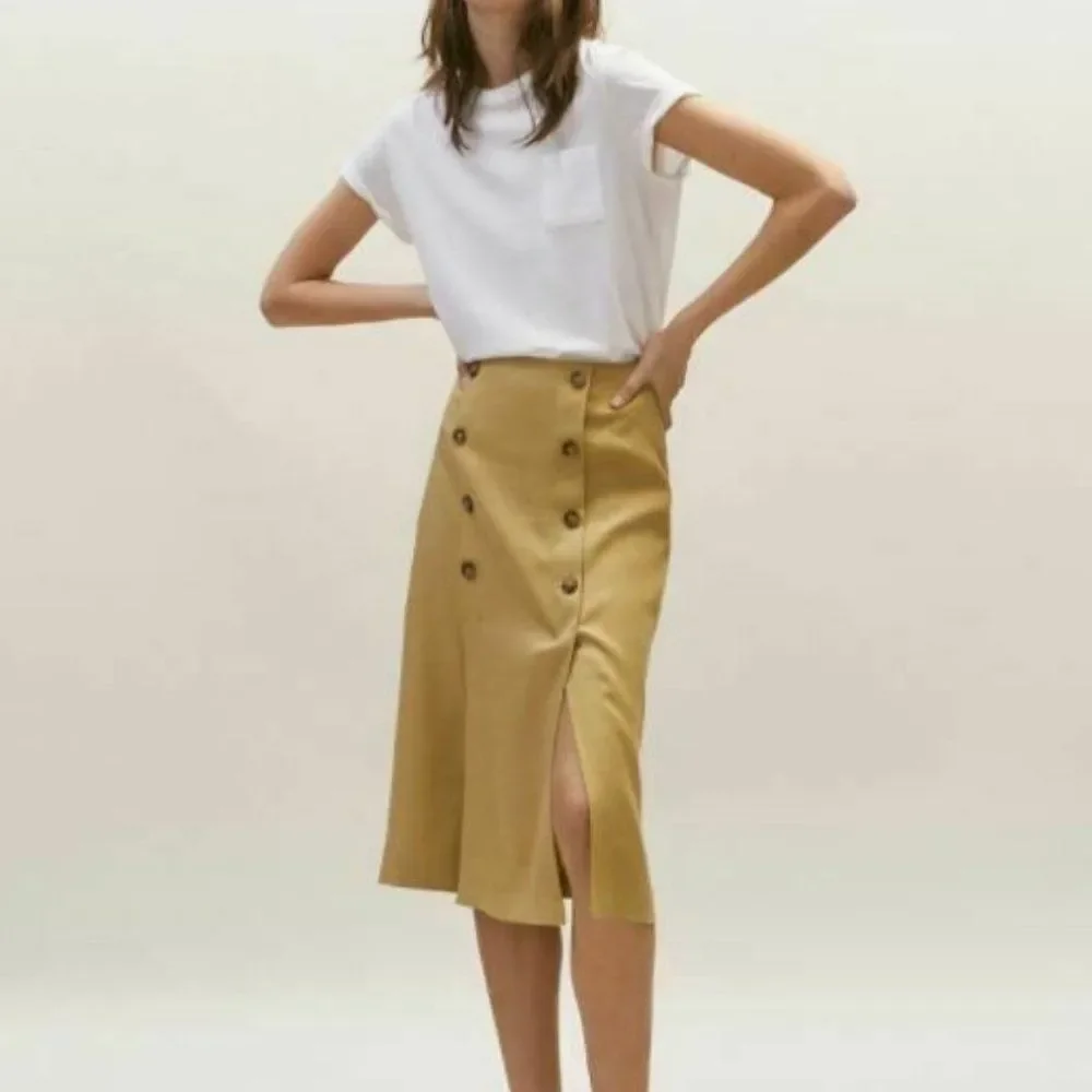 Massimo Dutti Womens Linen Vented Skirt US 4 EU 36 Tan Midi 5243/587 NWT